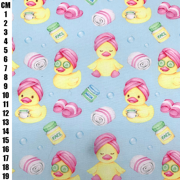 Yellow & Pink Ducks on Blue Background Polycotton Fabric | 110cm Wide | 90/10 Poly Cotton