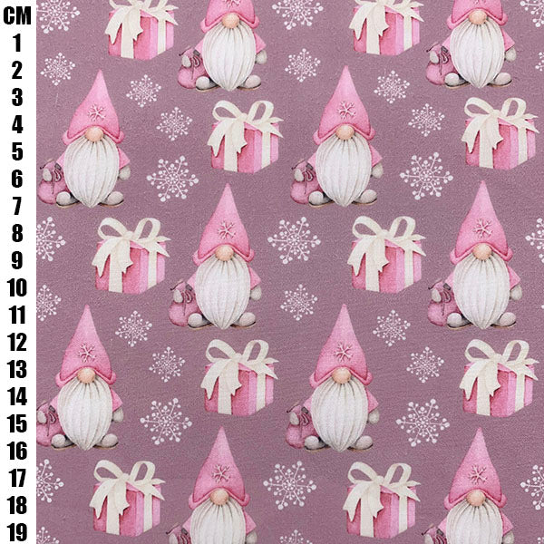 Christmas Gnomes Pink Polycotton Fabric | 110cm Wide | 90/10 Poly Cotton