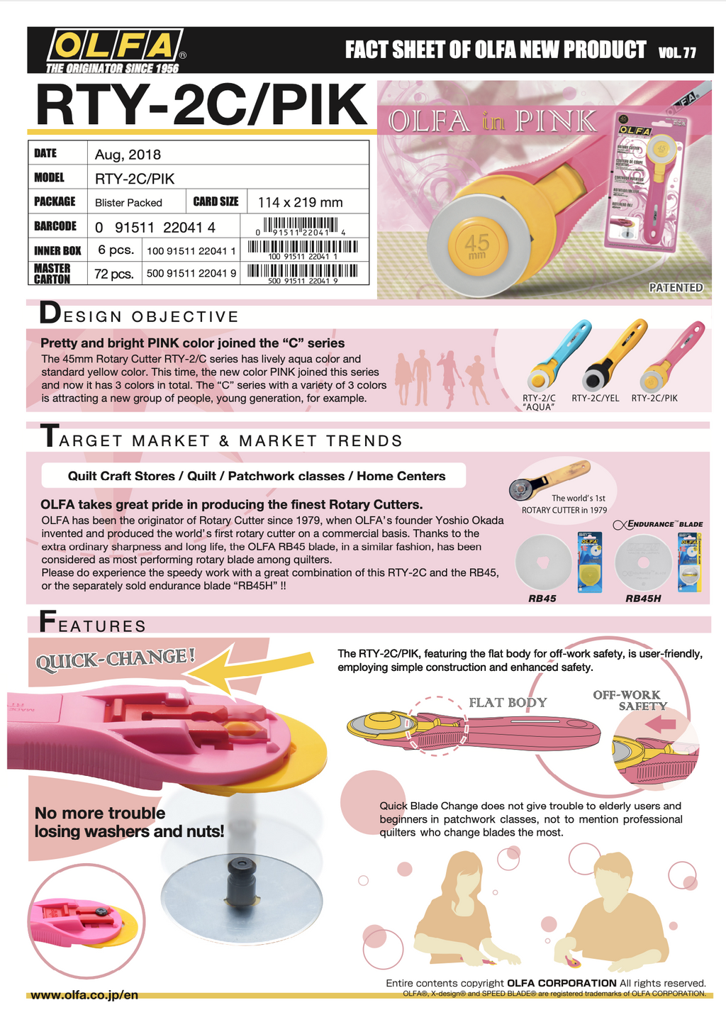 Olfa Rotary Cutter Pink 45mm RTY-2C/Pink